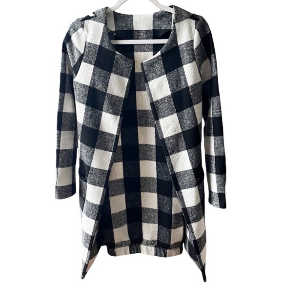 Fall Black & White open front checkered plaid long coat jacket size XS - Picture 1 of 12